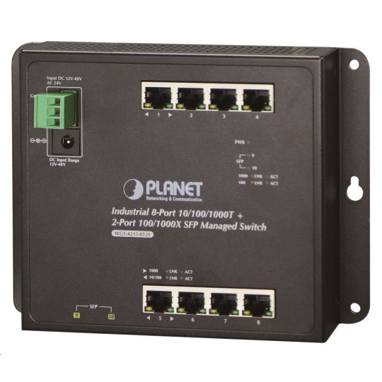 Planet WGS-4215-8T2S switch, správa Web/SNMP, DIN,IP30, -40~75°C, dual DC, fanless