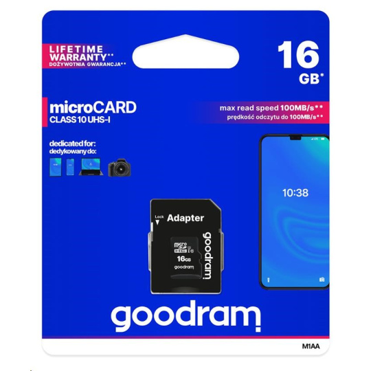 GOODRAM MicroSDHC karta 16GB M1AA, UHS-I Class 10, U1 + adaptér