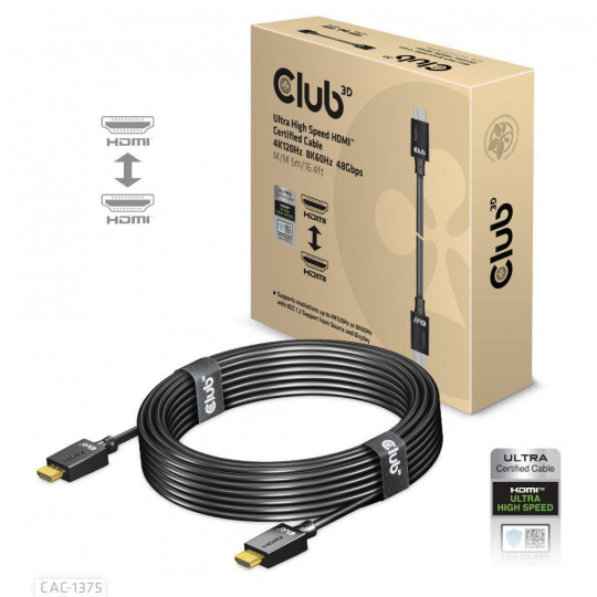 Club3D Ultra Rychlý HDMI™ Certifikovaný, 4K120Hz 8K60Hz 48Gbps M/M 5m/16.4ft, 28 AWG