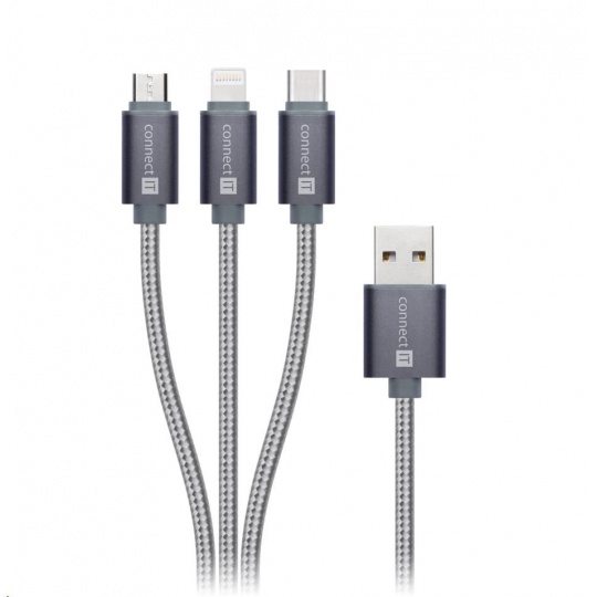 CONNECT IT Wirez 3in1 USB-C & Micro USB & Lightning, silver gray, 1,2 m