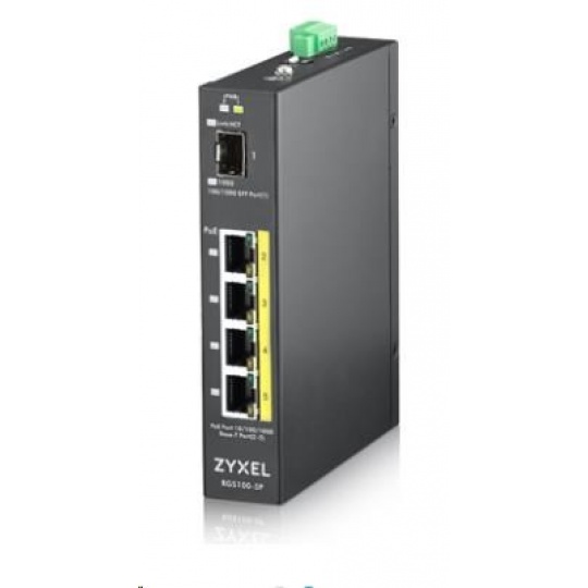 Zyxel RGS100-5P 5-port Gigabit PoE switch, 4x GbE + 1x SFP, PoE budget 120W, DIN rail/Wall mount, IP30