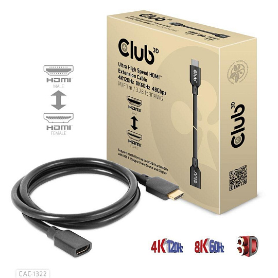BAZAR - Club3D prodlužovací Ultra rychlý HDMI kabel, 4K120Hz, 8K60Hz, 48Gbps, M/F, 1m, 30 AWG - Poškozený obal (Komplet)