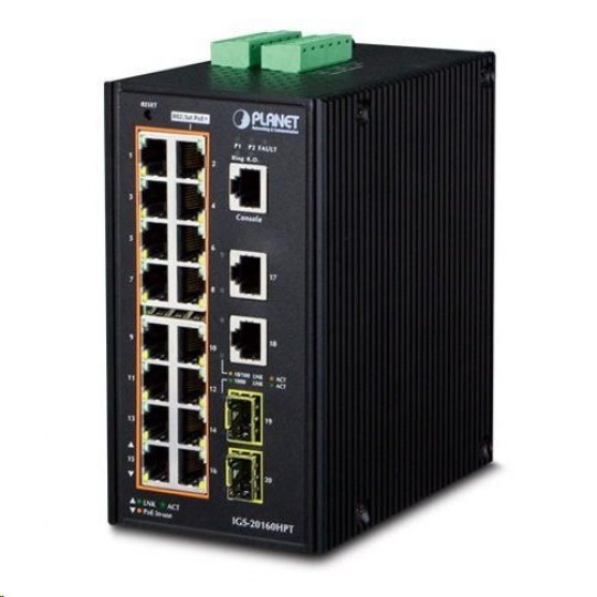 Planet IGS-20160HPT, 18x 1000BASE-T, 16x PoE 320W, 2x SFP, DIN, IP30, -40 AŽ 75°C, WEB/SNMPV3