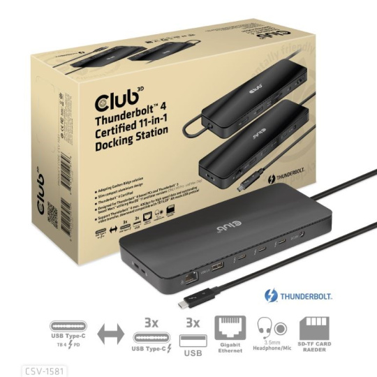 Club3D Dokovací stanice Thunderbolt 4 certifikovaný 11v1, 3xUSB-C, 3xUSB-A, PD