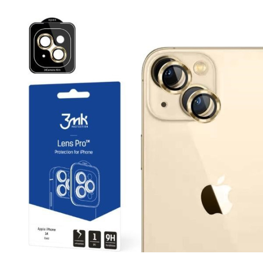 3mk tvrzené sklo Lens Pro ochrana kamery pro Apple iPhone 14, zlatá