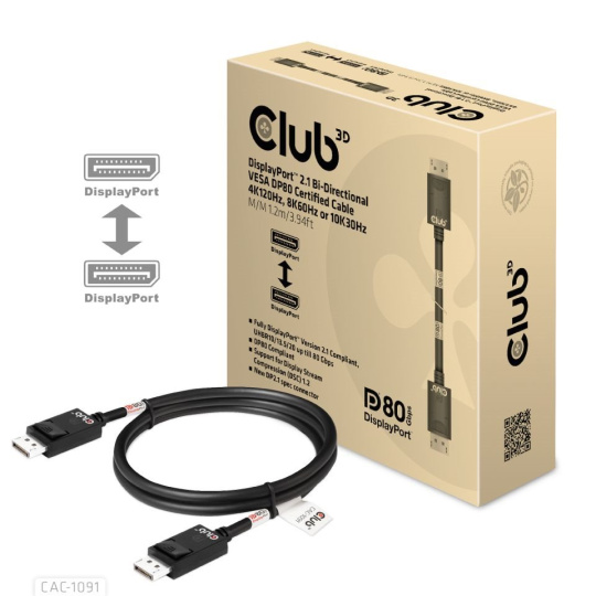 Club3D Kabel DisplayPort 2.1 na DisplayPort 2.1 4K120Hz/8K60Hz HDR (M/M), 1.2m, černá